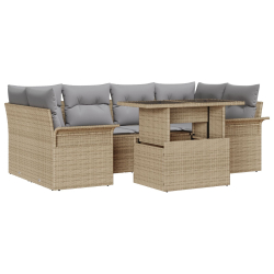 Zestaw Sofy Ogrodowej 7 Częściowy z Poduszkami Beżowy Rattan PE, Sofa Ogrodowa 2-osobowa z Przechowywaniem i Poduszkami Beżowy Rattan PE