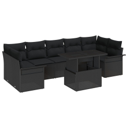 8-częściowy Zestaw Sofy Ogrodowej z Poduszkami Czarny Rattan, Sofa Dwuosobowa z Przechowalnią i Poduszkami Czarny Rattan