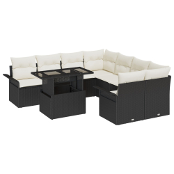 Zestaw Sofy Ogrodowej 9 Części z Poduszkami - Czarny Poli Rattan, 2-osobowa Sofa Ogrodowa z Przechowalnią i Poduszkami - Czarny Poli Rattan