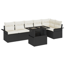 Zestaw 7 częściowych kanap ogrodowych z poduszkami czarny poli rattan, Dwuosobowa sofa ogrodowa z miejscem do przechowywania i poduszkami czarny poli