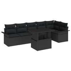 Zestaw 7-elementowy sofa ogrodowa z poduszkami czarny polirattan, Sofa ogrodowa dla 2 osób z miejscem do przechowywania i poduszkami czarny polirattan
