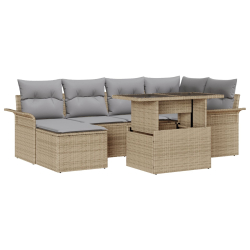 Zestaw 7-częściowy sof ogrodowych z poduszkami Beżowy Poli Rattan, 2-osobowa sofa ogrodowa ze schowkiem i poduszkami Beżowy Poli Rattan