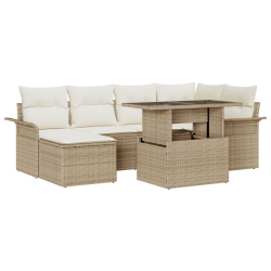 7-częściowy zestaw sof ogrodowych z poduszkami beżowy rattan, 2-osobowa sofa ogrodowa z miejscem na przechowywanie i poduszkami beżowy rattan