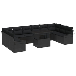 11-częściowy zestaw sof ogrodowych z poduszkami czarny rattan, 2-osobowa sofa ogrodowa z przechowalnią i poduszkami czarny rattan
