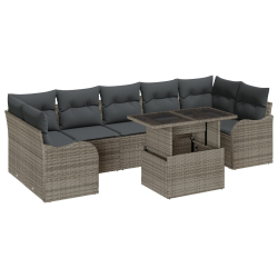 Zestaw 8-częściowy sof ogrodowych z poduszkami Szary Poli Rattan, Dwuosobowa sofa ogrodowa z miejscem do przechowywania i poduszkami Szary Poli Rattan