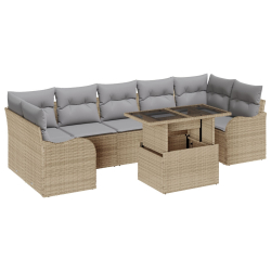 8-częściowy zestaw sof ogrodowych z poduszkami Beżowy Rattan PE, 2-osobowa sofa ogrodowa z przechowalnią i poduszkami Beżowy Rattan PE