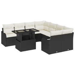 9-Częściowy zestaw sof ogrodowych z poduszkami, czarny poli rattan, 2-osobowa sofa ogrodowa z miejscem do przechowywania i poduszkami, czarny poli rat