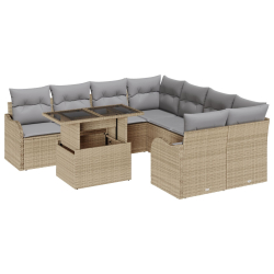 9-częściowy zestaw sof ogrodowych z poduszkami Beżowy Poli rattan, Sofa ogrodowa 2-osobowa z schowkiem i poduszkami Beżowy Poli rattan