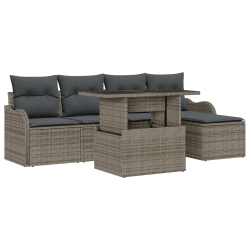 Zestaw Sofy Ogrodowej 6 elementów z poduszkami szary Poly Rattan, Sofa Ogrodowa 2-osobowa z pojemnikiem i poduszkami szary Poly Rattan