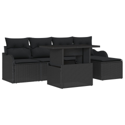 Zestaw 6-częściowy sofa ogrodowa z poduszkami Czarny Polirattan, Sofa ogrodowa 2-osobowa z schowkiem i poduszkami Czarny Polirattan