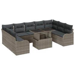 10-częściowy zestaw sof ogrodowych z poduszkami szary rattan, 2-osobowa sofa ogrodowa z przechowalnią i poduszkami szary rattan