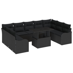 10-częściowy zestaw sof ogrodowych z poduszkami Czarny Rattan PE, Sofa ogrodowa 2-osobowa z przechowalnią i poduszkami Czarny Rattan PE