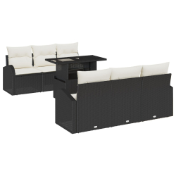 Zestaw Sofowy do Ogrodu 7 elementowy z poduszkami Czarny Poli Rattan, Sofa ogrodowa 2-osobowa z przechowalnią i poduszkami Czarny Poli Rattan