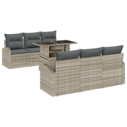 Zestaw 7-częściowy sof ogrodowych z poduszkami jasnoszary poli rattan, 2-osobowa sofa ogrodowa z miejscem do przechowywania i poduszkami jasnoszary po