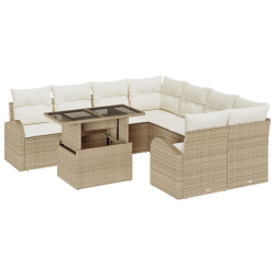 Zestaw 9-częściowy sof ogrodowych z poduszkami Beżowy Rattan poliester, Sofa ogrodowa 2-osobowa z przechowywaniem i poduszkami Beżowy Rattan poliester