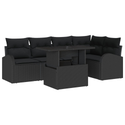 6-częściowy Zestaw Sof Ogrodowych z Poduszkami Czarny Rattan Poli, 2-osobowa Sofa Ogrodowa z Przechowalnią i Poduszkami Czarny Rattan Poli
