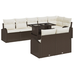 9-elementowy zestaw ogrodowy z poduszkami Brązowy Poli Rattan, 2-osobowa sofa ogrodowa z miejscem na przechowywanie i poduszkami Brązowy Poli Rattan