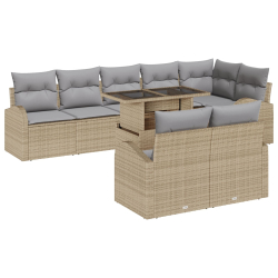 Zestaw sof ogrodowych 9-częściowy z poduszkami beżowy rattan, Sofa ogrodowa 2-osobowa z schowkiem i poduszkami beżowy rattan