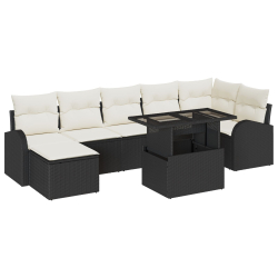 8-częściowy zestaw sof ogrodowych z poduszkami czarny rattan, Zestaw 2-osobowy sofa ogrodowa z schowkiem i poduszkami czarny rattan