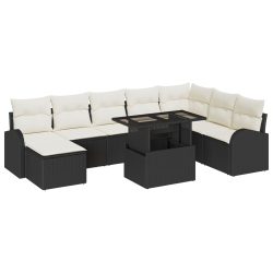9-elementowy zestaw sofy ogrodowej z poduszkami czarny rattan, 2-osobowa sofa ogrodowa z miejscem do przechowywania i poduszkami czarny rattan