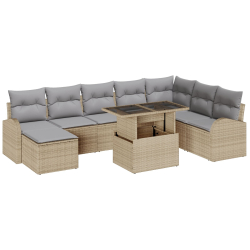Zestaw Sofy Ogrodowej 9-częściowy z Poduszkami Beżowy Poli Rattan, 2-osobowa Sofa Ogrodowa z Przechowywaniem i Poduszkami Beżowy Poli Rattan