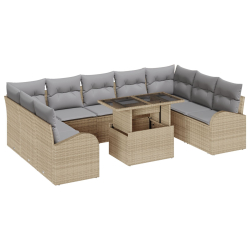 10-częściowy Zestaw Sofy Ogrodowej z Poduszkami Beżowy Rattan Poli, 2-osobowa Sofa Ogrodowa z Przechowywaniem i Poduszkami Beżowy Rattan Poli