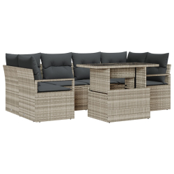 Zestaw sof ogrodowych 7-częściowy z poduszkami Jasnoszary Rattan PE, Dwuosobowa sofa ogrodowa z miejscem do przechowywania i poduszkami Szary Rattan P
