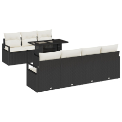 Zestaw 8-częściowy sofa ogrodowa z poduszkami Black Poly Rattan, 2-osobowa sofa ogrodowa z przechowywaniem i poduszkami Black Poly Rattan