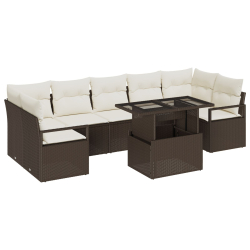 8-częściowy Zestaw Sof Ogrodowych z Poduszkami Brązowy Rattan PE, Dwuosobowa Sofa Ogrodowa z Przechowalnią i Poduszkami Brązowy Rattan PE