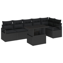 Zestaw sofa ogrodowa 7-częściowy z poduszkami Czarny Polirattan, Sofa ogrodowa 2-osobowa ze schowkiem i poduszkami Czarny Polirattan