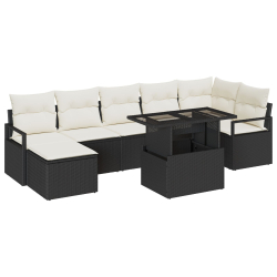 Ośmioelementowy zestaw sof ogrodowych z poduszkami czarny poli rattan, Sofa dwuosobowa z miejscem do przechowywania i poduszkami czarny poli rattan