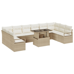 Zestaw 11-częściowy sof ogrodowych z poduszkami Beżowy Poli Rattan, 2-osobowa sofa ogrodowa z miejscem na przechowywanie i poduszkami Beżowy Poli Ratt