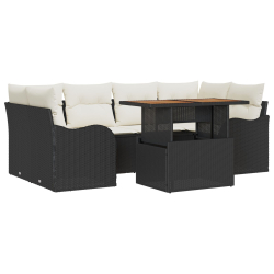 Zestaw sofy ogrodowej 7-częściowy z poduszkami czarny poli rattan, Dwuosobowa sofa ogrodowa z pojemnikiem i poduszkami czarny poli rattan