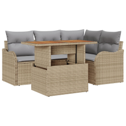 Zestaw 5-częściowy sofa ogrodowa z poduszkami beżowy poli rattan, 2-osobowa sofa ogrodowa ze schowkiem i poduszkami beżowy poli rattan