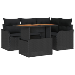 Zestaw sofy ogrodowej w 5 kawałkach z poduszkami Czarny PE rattan, Sofa ogrodowa 2-osobowa z przechowywaniem i poduszkami Czarny PE rattan
