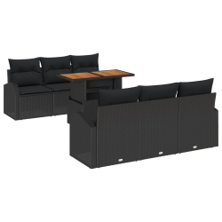 7-częściowy zestaw sof ogrodowych z poduszkami Czarny Poli Rattan, Sofa ogrodowa 2-osobowa z przechowalnią i poduszkami Czarny Poli Rattan