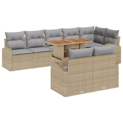 9-częściowy zestaw sof ogrodowych z poduszkami beżowy rattan, 2-osobowa sofa ogrodowa z miejscem do przechowywania i poduszkami beżowy rattan