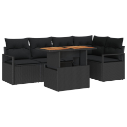 Zestaw 6-Częściowy Sofa Ogrodowa z Poduszkami Czarny Rattanowy, Sofa Ogrodowa 2-Miejscowa z Przechowalnią i Poduszkami Czarny Rattanowy