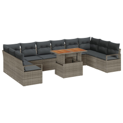 Zestaw sof ogrodowych 11-elementowy z poduszkami Szary Poly Rattan, 2-osobowa sofa ogrodowa z miejscem do przechowywania i poduszkami Szary Poly Ratta