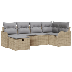 Zestaw 6-częściowy sofa ogrodowa z poduszkami beżowy poli rattan, Sofa ogrodowa 2-osobowa z poduszkami beżowy poli rattan