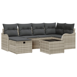 Zestaw 7 częściowych sof ogrodowych z poduszkami Jasnoszary Poli rattan, 2-osobowa sofa ogrodowa z poduszkami Jasnoszary Poli rattan