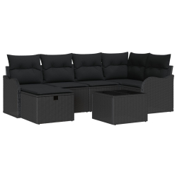 Zestaw 7-częściowy sofa ogrodowa z poduszkami czarna poli rattan, Sofa ogrodowa dwuosobowa z poduszkami czarna poli rattan