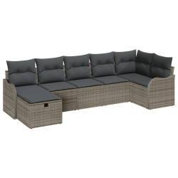7-częściowy zestaw sof ogrodowych z poduszkami szary rattan poliester, 2-osobowa sofa ogrodowa z poduszkami szary rattan poliester