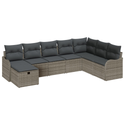Zestaw 8-elementowy sofa ogrodowa z poduszkami Szary Polirattan, Sofa ogrodowa dla 2 osób z poduszkami Szary Polirattan