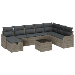 Zestaw sofy ogrodowej w 9 częściach z poduszkami szary polyrattan, Sofa ogrodowa dla 2 osób z poduszkami szary polyrattan