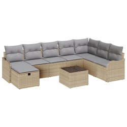 Zestaw ogrodowy 9 częściowy z poduszkami Beżowy poli rattan, Sofa ogrodowa 2-osobowa z poduszkami Beżowy poli rattan