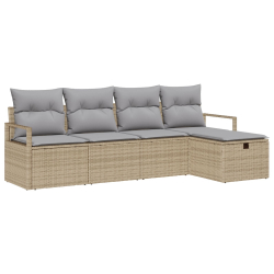 5-elementowy zestaw sof ogrodowych z poduszkami beżowy rattan poli, 2-osobowa sofa ogrodowa z poduszkami beżowy rattan poli