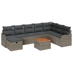 9 Częściowy Zestaw Sof Ogrodowych z Poduszkami Szary Poli Rattan, 2-osobowa Sofa Ogrodowa z Poduszkami Szary Poli Rattan