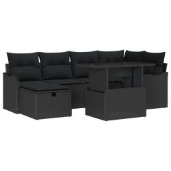 Zestaw socjalny ogrodowy 7-częściowy z poduszkami Czarny Rattan PE, 2-osobowa sofa ogrodowa z poduszkami Czarny Rattan PE