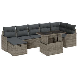 Zestaw sof ogrodowych 8 elementów z poduszkami Szary poli-rattan, 2-osobowa sofa ogrodowa z poduszkami Szary poli-rattan